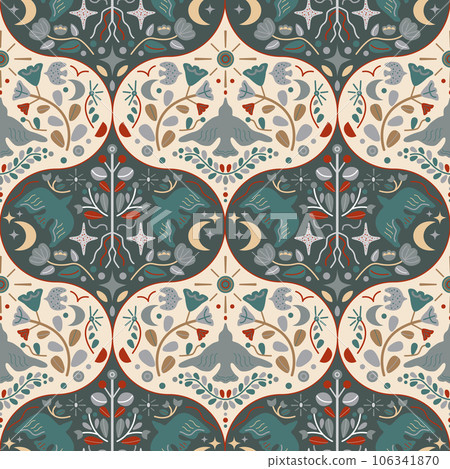 North folklore vector seamless pattern. Scandinavian repeated design with geometric flowers, celestial elements, birds. Modern damask background. Ethnic symmetric illustration for fabrics, wallpaper 106341870
