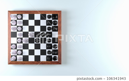 3D top view chess board game lineup and space black background for copy space , your text and other , 3D rendering chess concept 106341943