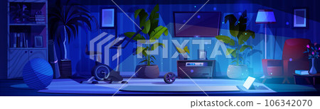 Home sport gym interior at night cartoon vector 106342070