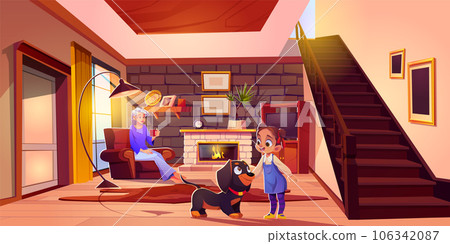 Mother, daughter and dog in living room Mother, daughter and dog in living room 106342087