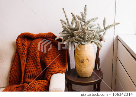 Fir branches in a stylish wooden vase on the table near the sofa in the interior of a cozy living room 106342314