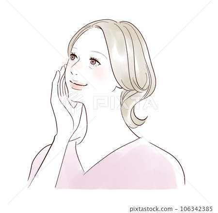 A middle-aged woman touching her cheeks with a smile A middle-aged woman touching her cheeks with a smile 106342385