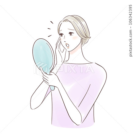 一位中年婦女驚訝地看到鏡子 106342395