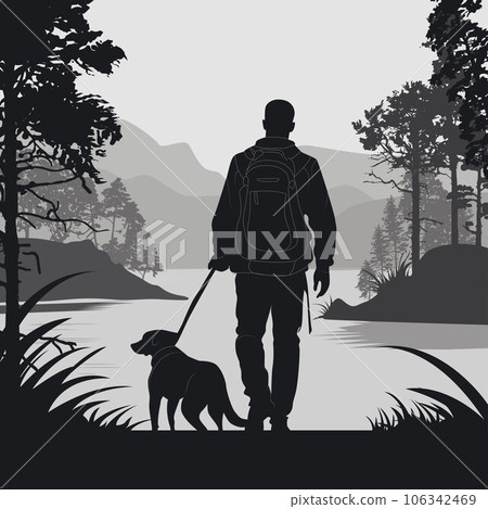 Man walking with his dog on the road in a forest Man walking with his dog on the road in a forest 106342469