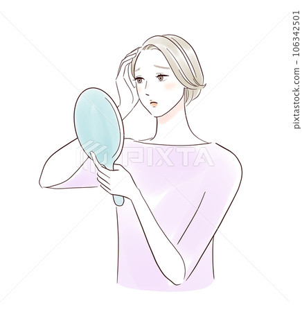 Worried middle-aged woman looking at her hairline in the mirror 106342501