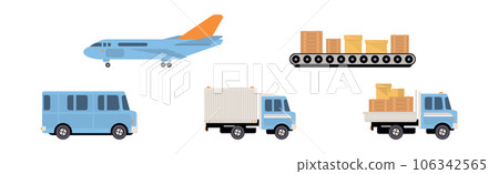 Warehouse with Crate, Truck and Plane Vector Set 106342565