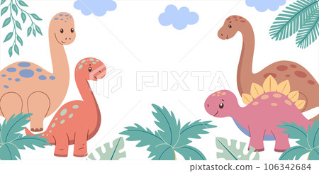 Banner horizontal frame with cute dinosaurs and tropical plants. Childish hand drawn vector illustration. 106342684