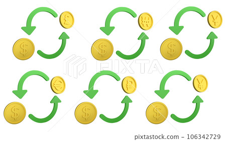 Trading between currency clipart icon set isolated on white background, 3D render forex finance trading collection concept 106342729