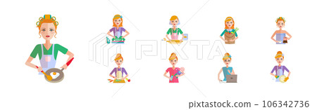 Housewife Icon with Woman Doing Domestic Chores Vector Set 106342736