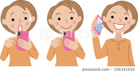 Pose variation of a young woman holding a smartphone 106342836