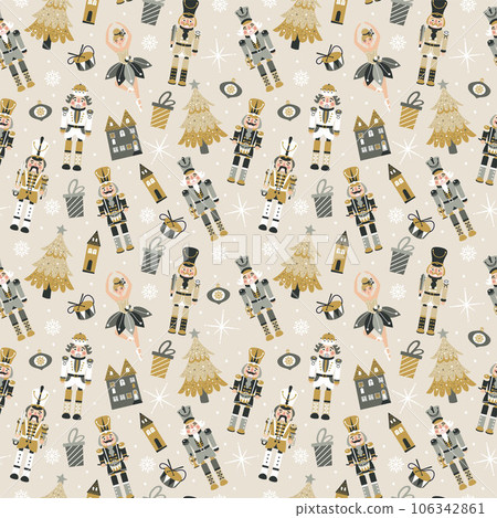 Seamless Christmas Pattern with Nutcrackers ballerina in Vector on beige. 106342861