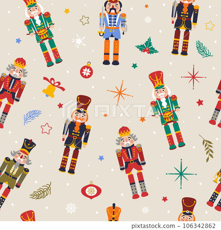 Seamless Christmas Pattern with Nutcrackers in Vector on beige. 106342862