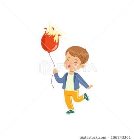 Sad boy holding bursting balloon vector Illustration on a white background 106343261