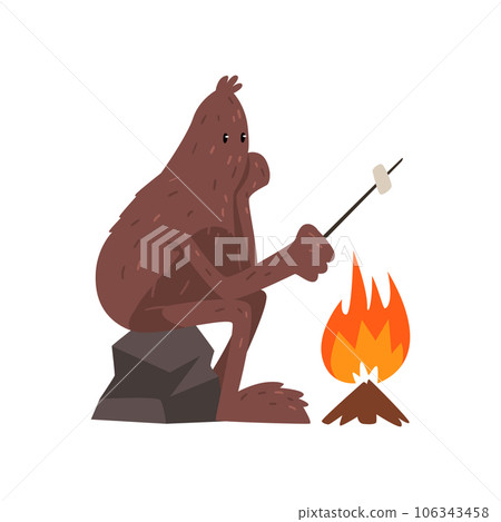 Bigfoot sitting on stone near campfire and roasting marshmallow, mythical creature cartoon character vector Illustration on a white background Bigfoot sitting on stone near campfire and roasting marshmallow, mythical creature cartoon character vector Illustration on a white background 106343458