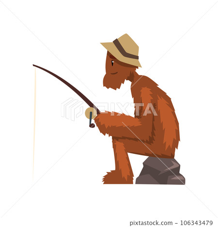 Funny bigfoot fishing with rod, mythical creature cartoon character vector Illustration on a white background 106343479