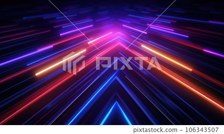 3d render abstract geometric background of colorful neon lines glowing in the dark futuristic wallpaper. 3d render abstract geometric background of colorful neon lines glowing in the dark futuristic wallpaper. 106343507
