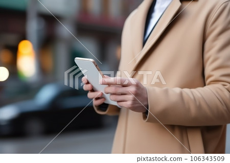 Woman hand holding smartphone in train or city background. technology communication concept. Woman hand holding smartphone in train or city background. technology communication concept. 106343509