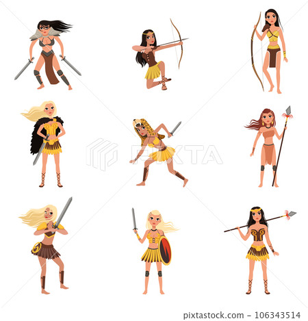 Amazon girls set, women warriors with spears, swords and bows vector Illustrations on a white background Amazon girls set, women warriors with spears, swords and bows vector Illustrations on a white background 106343514
