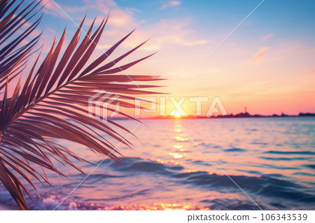 Close up of palm leaves with sunset sea in soft tones. Beautiful nature background. Close up of palm leaves with sunset sea in soft tones. Beautiful nature background. 106343539