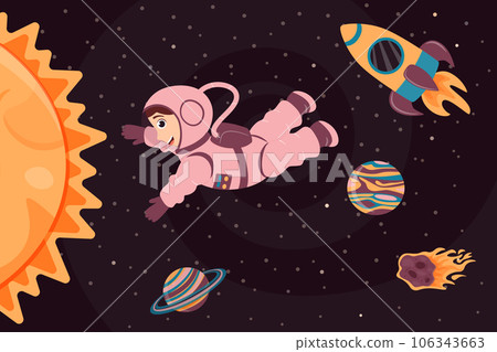 Background with cute astronaut, rocket, planet and meteorite in cartoon style. Space travel. Cosmic children's background. Vector illustration. Background with cute astronaut, rocket, planet and meteorite in cartoon style. Space travel. Cosmic children's background. Vector illustration. 106343663