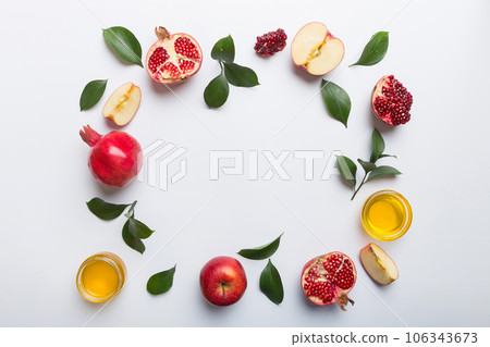 Rosh hashanah concept. Frame made of symbols jewish New Year holiday Traditional. Top view with copy space 106343673