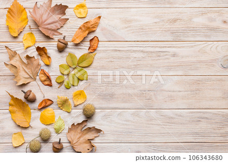 Autumn composition. Pattern made of dried leaves and other design accessories on table. Flat lay, top view Autumn composition. Pattern made of dried leaves and other design accessories on table. Flat lay, top view 106343680
