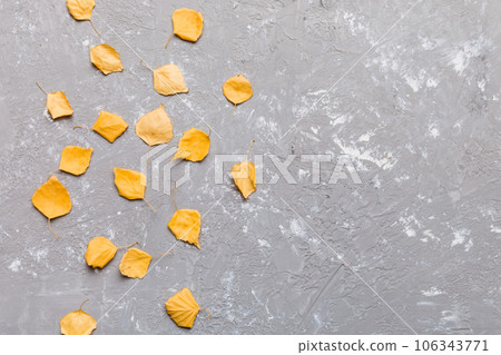 Autumn composition. Pattern made of dried leaves and other design accessories on table. Flat lay, top view Autumn composition. Pattern made of dried leaves and other design accessories on table. Flat lay, top view 106343771