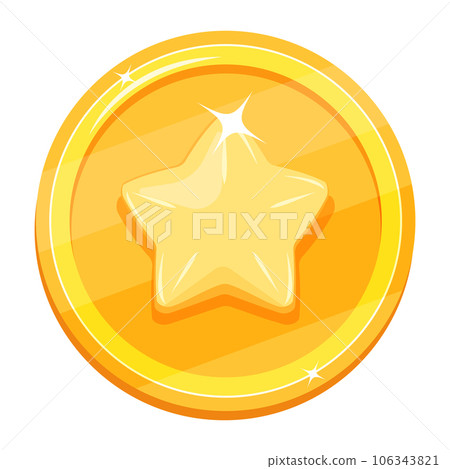 Game coin with star. Gold medal for first place. Winner icon in cartoon style 106343821
