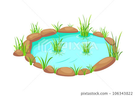 Pond with grass on white background. Pond in cartoon style. Swamp vector illustration 106343822