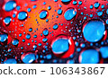 Multicolored drops of water on surface. Water in the red wallpaper. For banner, postcard, book illustration. Created with generative AI tools 106343867