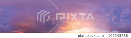 Sunset sky panorama with bright glowing pink Cumulus clouds. HDR 360 seamless spherical panorama. Full zenith or sky dome for 3D visualization, sky replacement for aerial drone panoramas. Sunset sky panorama with bright glowing pink Cumulus clouds. HDR 360 seamless spherical panorama. Full zenith or sky dome for 3D visualization, sky replacement for aerial drone panoramas. 106343888