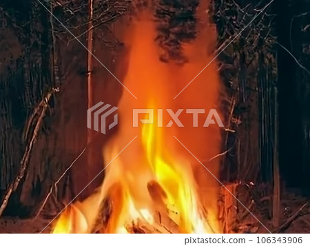 夜晚的營火,特寫鏡頭展現搖曳的火焰與柴火 夜晚的營火,特寫鏡頭展現搖曳的火焰與柴火 106343906