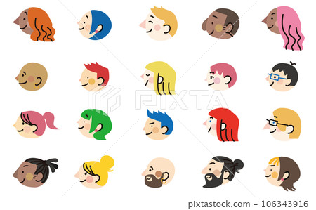 簡單可愛的人體輪廓圖標矢量插圖集,具有彩色頭髮顏色 簡單可愛的人體輪廓圖標矢量插圖集,具有彩色頭髮顏色 106343916