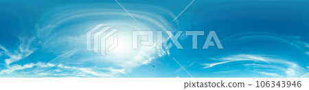 sky panorama with bright glowing Cirrus clouds. HDR 360 seamless spherical panorama. Full zenith or sky dome for 3D visualization, sky replacement for aerial drone panoramas. 106343946