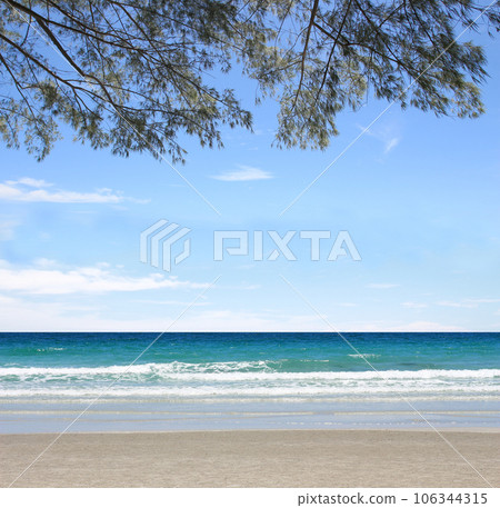Nature landscape view of beautiful tropical beach and sea in sunny day. Beach sea space area for summer design Nature landscape view of beautiful tropical beach and sea in sunny day. Beach sea space area for summer design 106344315