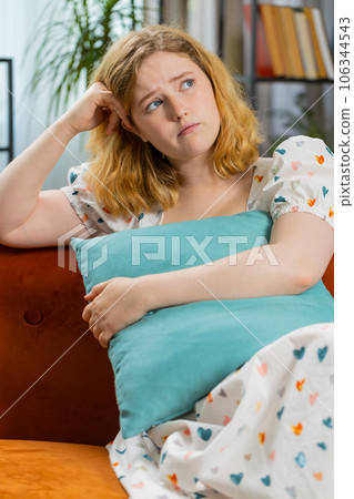 Woman girl at home suffers from unfair situation problem, break up, depressed, feeling bad, burnout 106344543