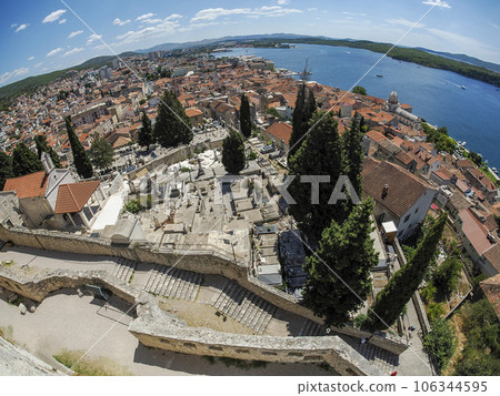 Aerial view from fort fortress of Medieval village of Sibenik, world heritage site in Croatia 106344595