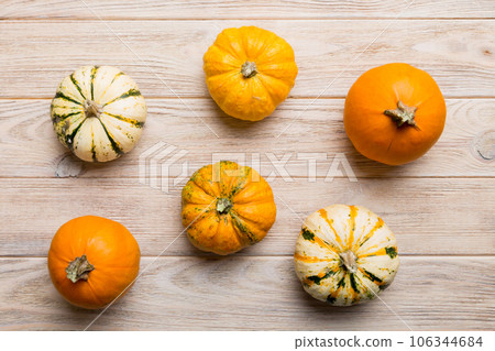 Autumn composition of little orange pumpkins on colored table background. Fall, Halloween and Thanksgiving concept. Autumn flat lay photography. Top view vith copy space 106344684