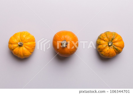 Autumn composition of little orange pumpkins on colored table background. Fall, Halloween and Thanksgiving concept. Autumn flat lay photography. Top view vith copy space 106344701