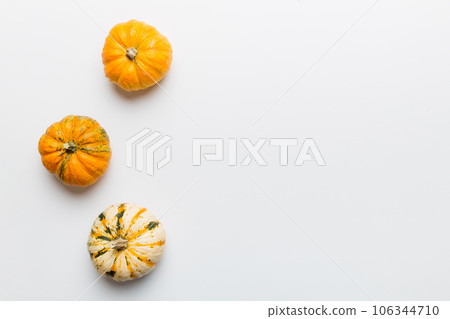Autumn composition of little orange pumpkins on colored table background. Fall, Halloween and Thanksgiving concept. Autumn flat lay photography. Top view vith copy space Autumn composition of little orange pumpkins on colored table background. Fall, Halloween and Thanksgiving concept. Autumn flat lay photography. Top view vith copy space 106344710
