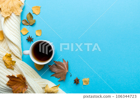 Flat lay composition with colorful Autumn cup of coffee and leaves on a color background. top view Flat lay composition with colorful Autumn cup of coffee and leaves on a color background. top view 106344723