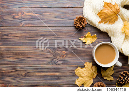 Cup of cocoa with autumn leaves abstract still life top view vith copy space Cup of cocoa with autumn leaves abstract still life top view vith copy space 106344736