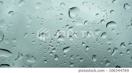 Lots of rain droplets on transparent glass, Water droplets outside in the rainy season 106344769