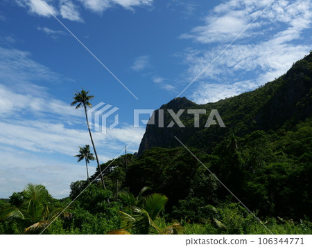Rock cliff and green forest on limestone mountain with coconut palm trees on land with blue sky and white cloud in the background. , Khao Sam Roi Yot National Park , Thailand 106344771