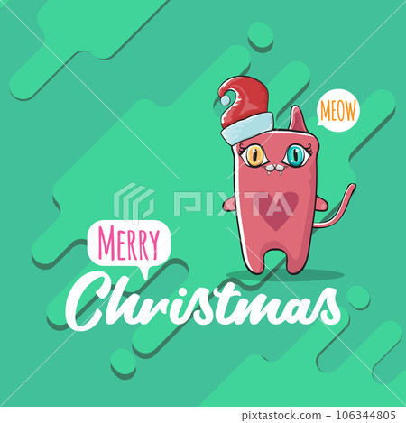 Vector Merry Christmas funky greeting card or banner with kawaii cute Santa Claus cat character with red sant hat isolated on green background. Funny Christmas kids poster or print design template. 106344805
