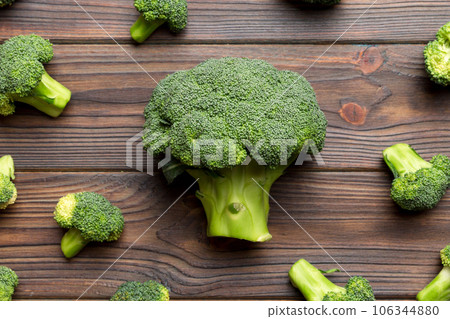 green fresh broccoli background close up on colored table. Vegetables for diet and healthy eating. Organic food 106344880