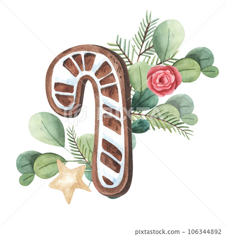 Set of gingerbread cookie in shape of candy cone stick with greenery .Watercolor hand painted illustration isolated on white background. For design, packaging, print. Set of gingerbread cookie in shape of candy cone stick with greenery .Watercolor hand painted illustration isolated on white background. For design, packaging, print. 106344892