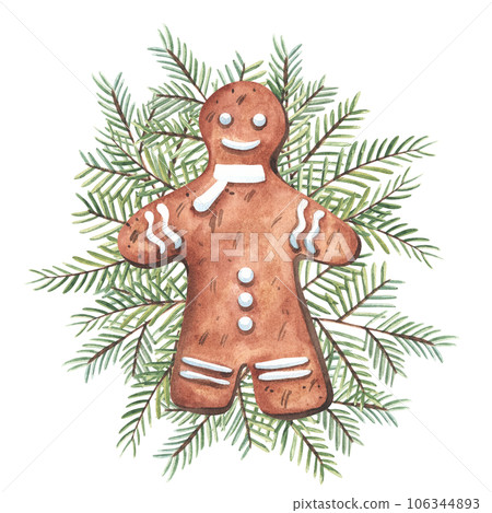 Set of gingerbread cookie in shape of christmas man with thuja branches .Watercolor hand painted illustration isolated on white background. For design, packaging, print. Set of gingerbread cookie in shape of christmas man with thuja branches .Watercolor hand painted illustration isolated on white background. For design, packaging, print. 106344893