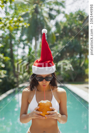 Xmas and New Year Bikini Beach Woman Stock Photo 106344998