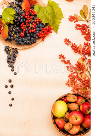 Autumn composition of fruits, berries and nuts on a light background 106345345